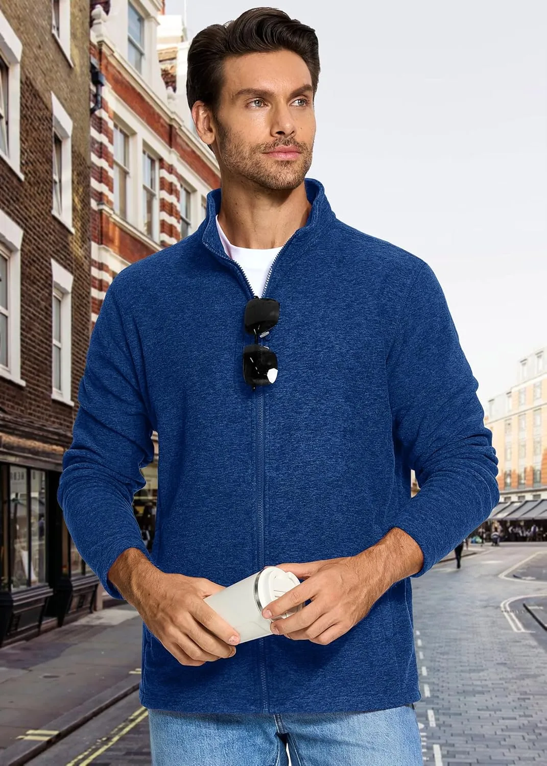 MAGCOMSEN Men's Fleece Full Zip Jacket Lightweight Stand Collar Jackets Soft Warm Windproof Casual Coats with Zipper Pockets