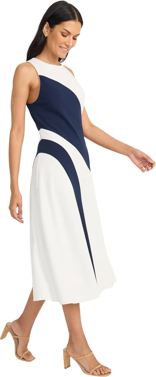 Maggy London Women's Sleeveless High Neck Wave Pattern Midi-Structured Fitted Bodice with A-line Flare-Wedding Guest Dress