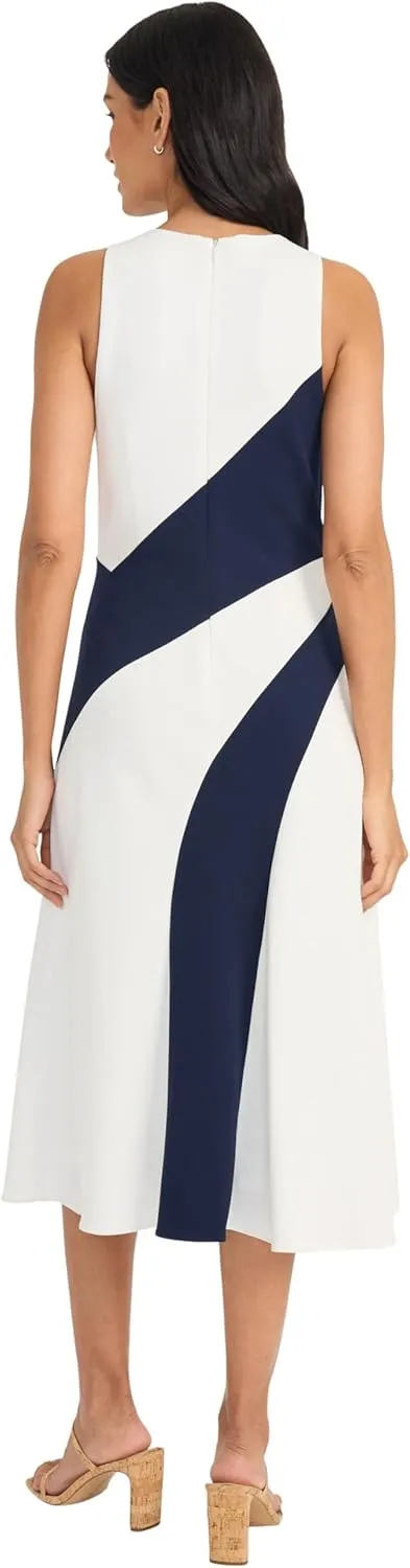 Maggy London Women's Sleeveless High Neck Wave Pattern Midi-Structured Fitted Bodice with A-line Flare-Wedding Guest Dress