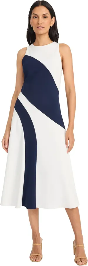 Maggy London Women's Sleeveless High Neck Wave Pattern Midi-Structured Fitted Bodice with A-line Flare-Wedding Guest Dress