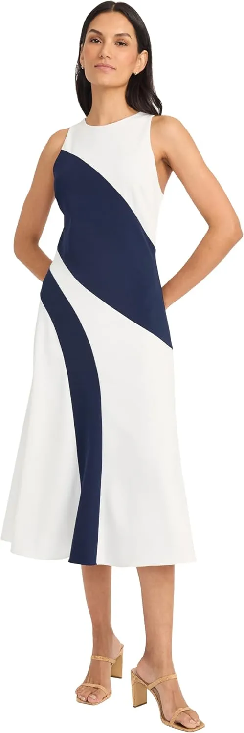 Maggy London Women's Sleeveless High Neck Wave Pattern Midi-Structured Fitted Bodice with A-line Flare-Wedding Guest Dress