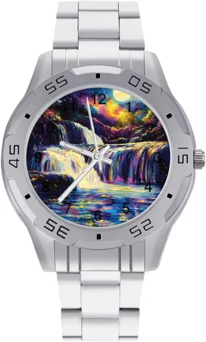 Magical River Under Moonlight Simple Wrist Watches for Men Silver Casual Big Face Dress Watch Easy to Read