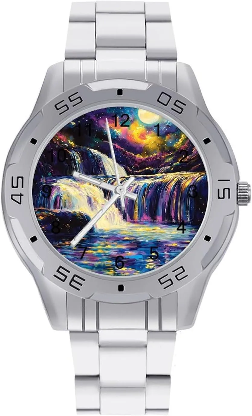 Magical River Under Moonlight Simple Wrist Watches for Men Silver Casual Big Face Dress Watch Easy to Read