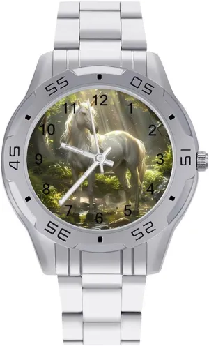 Magical Unicorrn in The Forests Creek Simple Stainless Steel Band Business Watch Dress Wrist Unique Luxury Work Casual Waterproof Watches