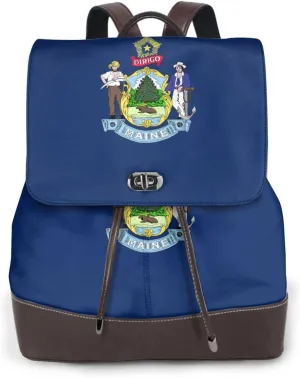 Maine State Flag Print Leather Women'S Backpack Travel Bag Ladies Versatile Small Backpack Business Leisure