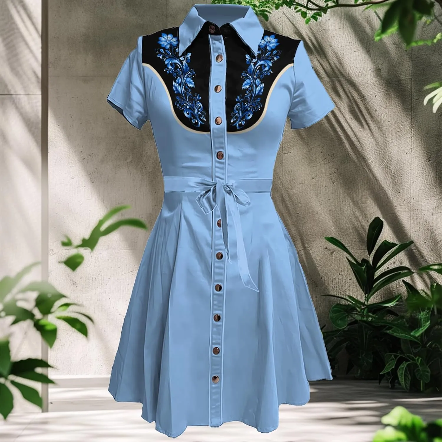 MARSVOVO Vintage Western Flower Printed Shirt Dress Women Summer Button Down Casual Retro Cowgirl Style Midi Dresses