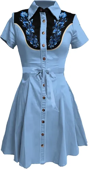 MARSVOVO Vintage Western Flower Printed Shirt Dress Women Summer Button Down Casual Retro Cowgirl Style Midi Dresses