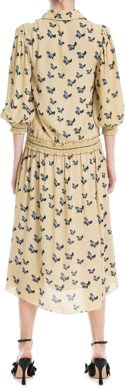 Max Studio London Womens Printed Bishop Sleeve Midi Dress Tan M