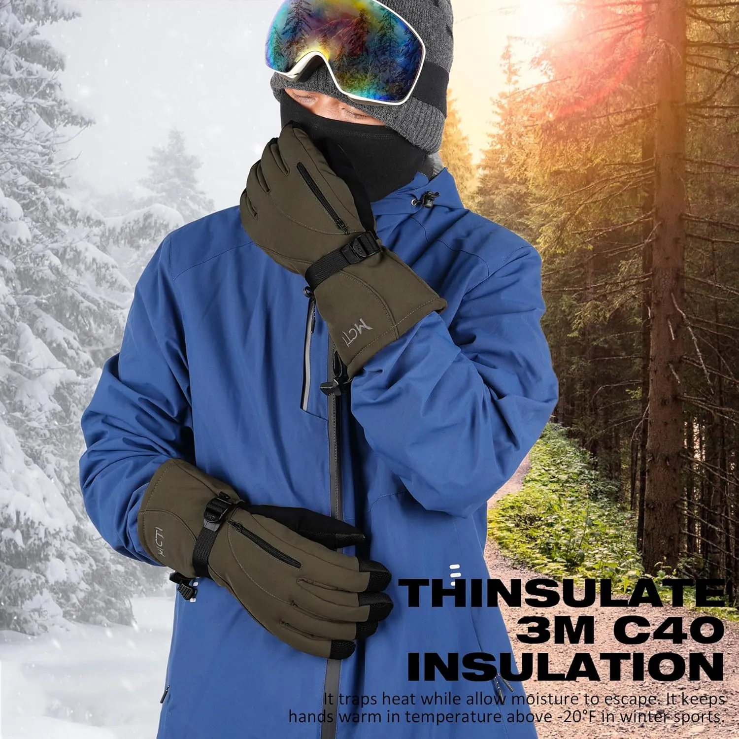 MCTi Waterproof Mens Ski Gloves Winter Warm 3M Thinsulate Snowboard Snowmobile Cold Weather Gloves