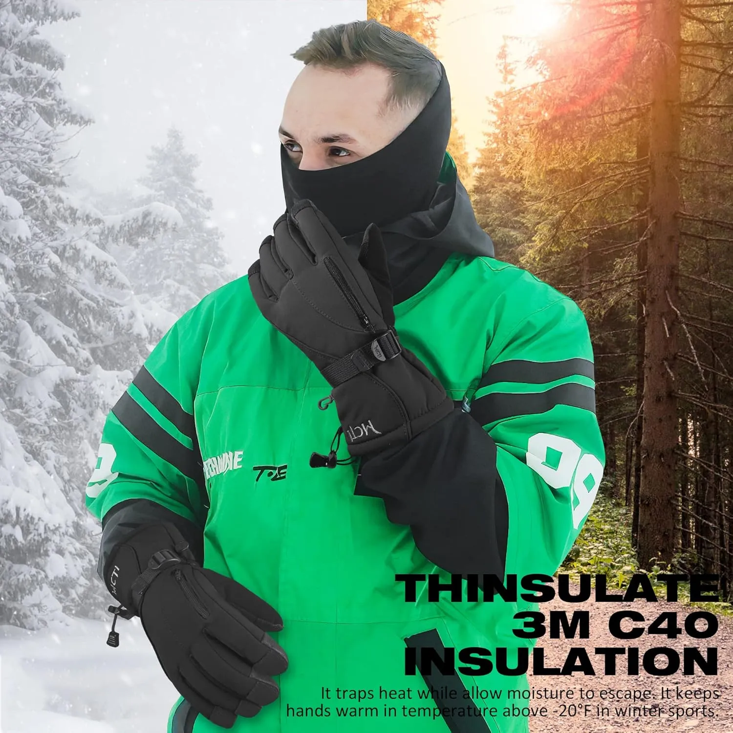 MCTi Waterproof Mens Ski Gloves Winter Warm 3M Thinsulate Snowboard Snowmobile Cold Weather Gloves