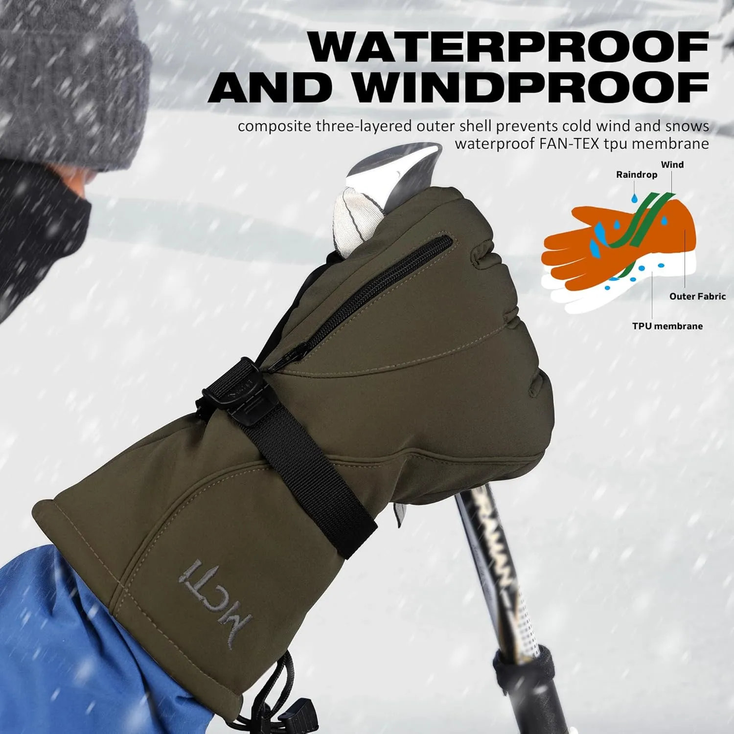 MCTi Waterproof Mens Ski Gloves Winter Warm 3M Thinsulate Snowboard Snowmobile Cold Weather Gloves