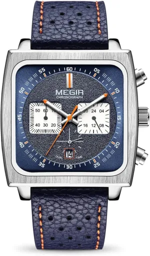 MEGIR Men's Rectangle Business Work Analogue Quartz Chronograph Luminous Sport Wrist Watch with Leather Strap 2182 Blue