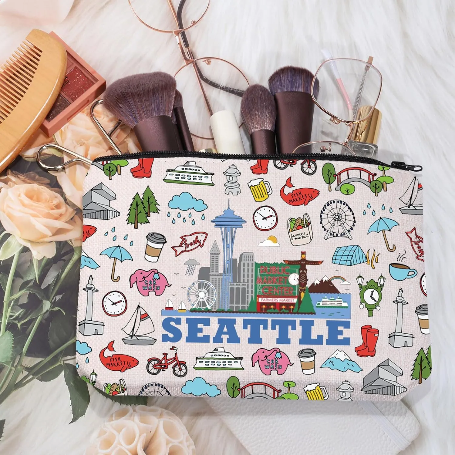 MEIKIUP Seattle Travel Makeup Bag Seattle Gift Seattle Landmarks Zipper Pouch Bag Seattle Souvenir for Seattle Traveller (Seattle bag)
