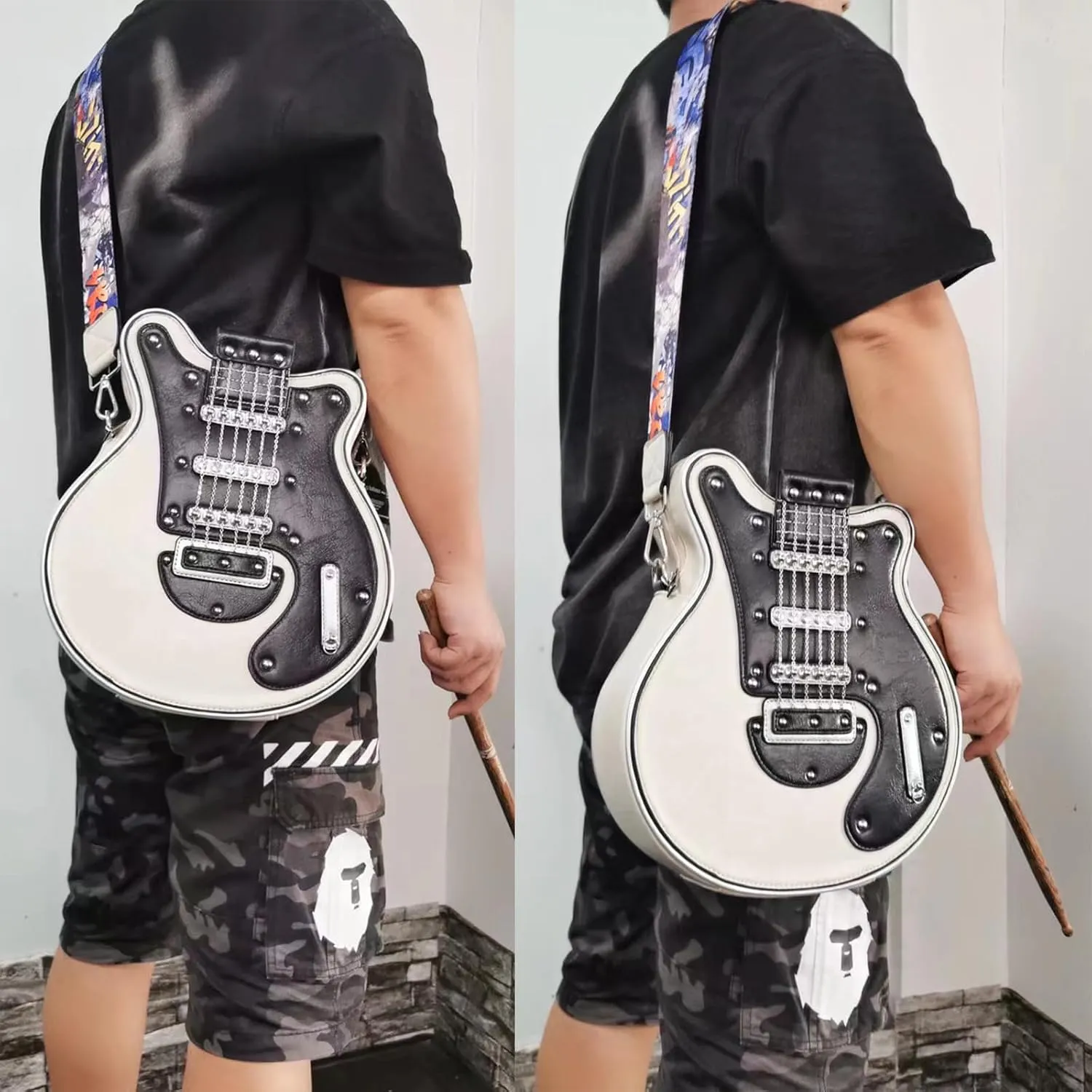 Men and Women Music Guitar Shaped Crossbody Shoulder Bag PU Leather Unique Novelty Guitar Purse