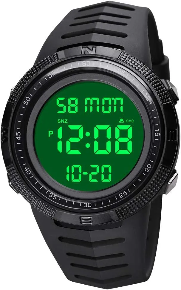 Men Sports Watches Chronograph Silicone Watchband Waterproof Quartz Day Display Calendar Watch (Silver Black)