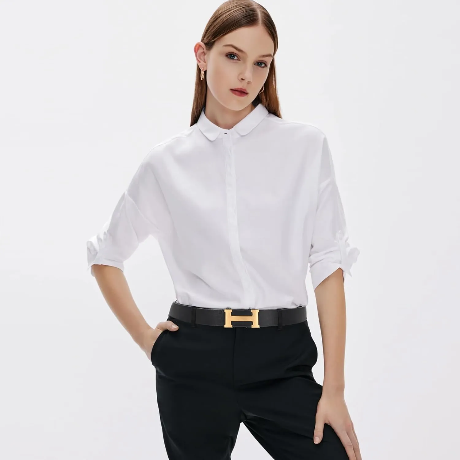 Men&Womens Leather Dress Belt Business Automatic Buckle Belt Color:Black Silver Gold
