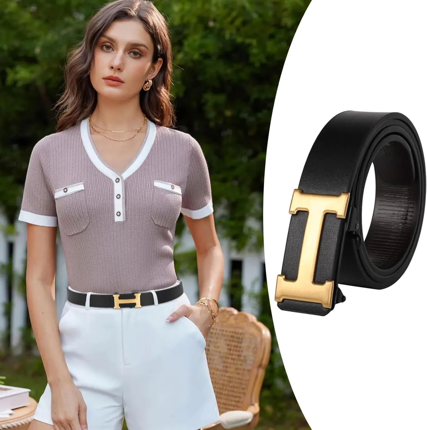 Men&Womens Leather Dress Belt Business Automatic Buckle Belt Color:Black Silver Gold