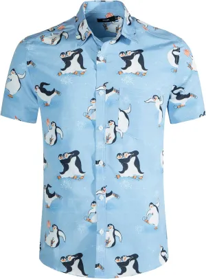 Mens Aloha Hawaiian Shirt Flamingos Penguin Printed Tropical Novelty Casual Short Sleeve Beach Wear