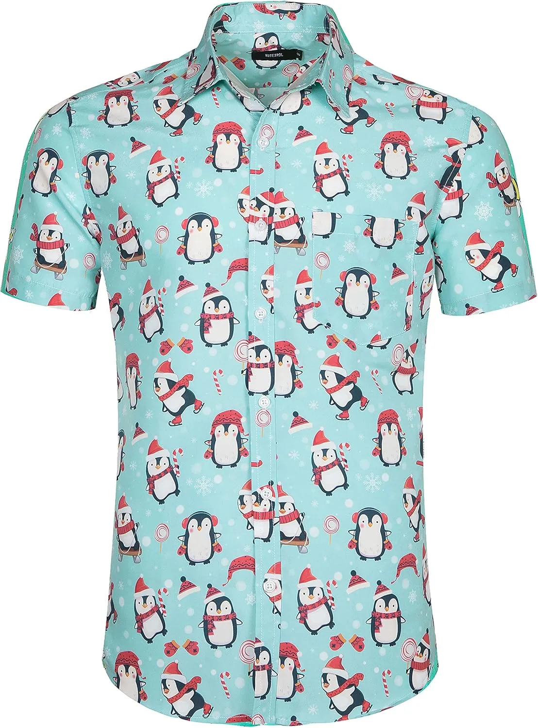 Mens Aloha Hawaiian Shirt Flamingos Penguin Printed Tropical Novelty Casual Short Sleeve Beach Wear