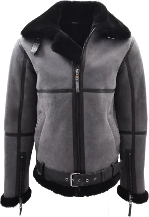Men's Aviator Leather Flight Jacket, Grey 2XL