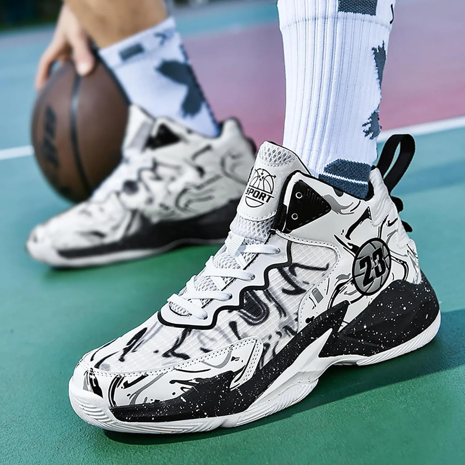 Men's Basketball Shoes No-Slip Breathable Outdoor Shoes Women's Fashion Graffiti Training Shoes