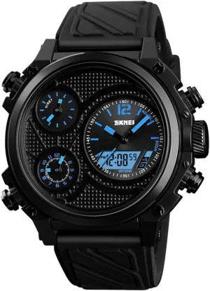 Men's Big Face 5 Time Zone Time Alarm Chrono EL Light Three Analog Dials Watch LCD Display Sport Digital Wrist Watch (Blue)