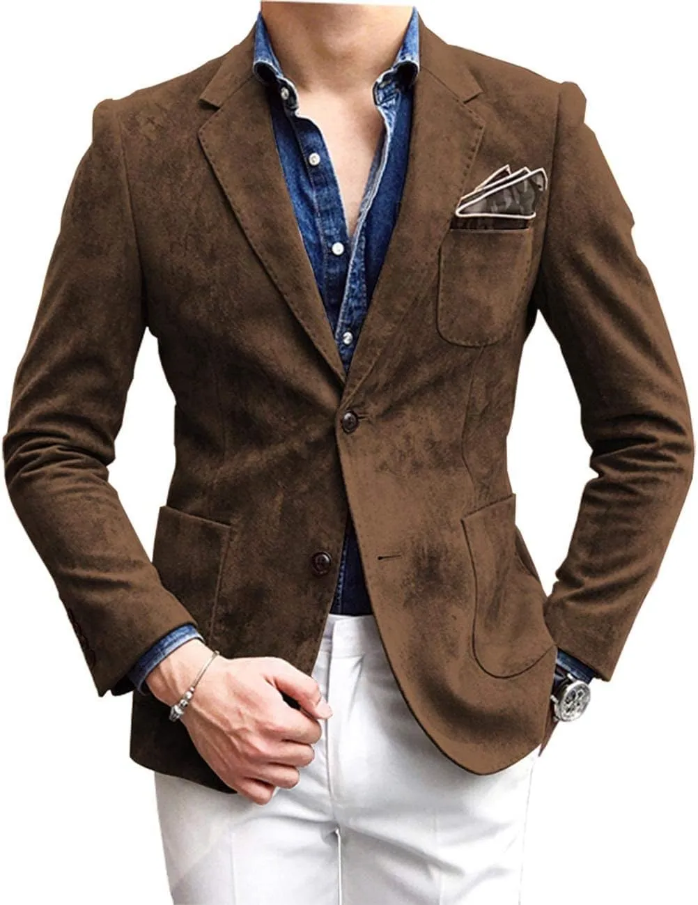Mens Blazer Suede Jacket Casual 2 Buttons Sport Coat Faux Leather Suit Slim Fit