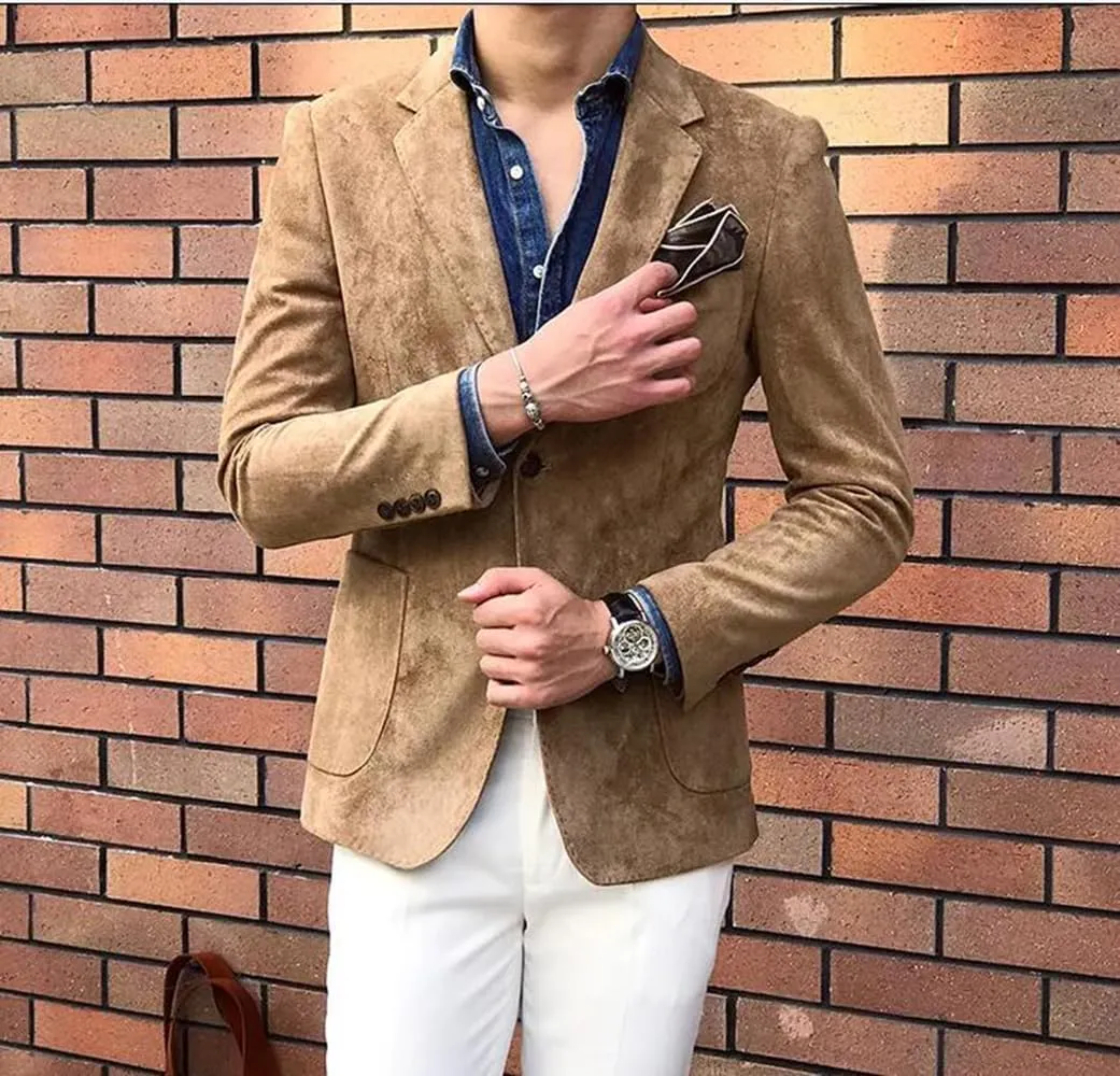 Mens Blazer Suede Jacket Casual 2 Buttons Sport Coat Faux Leather Suit Slim Fit