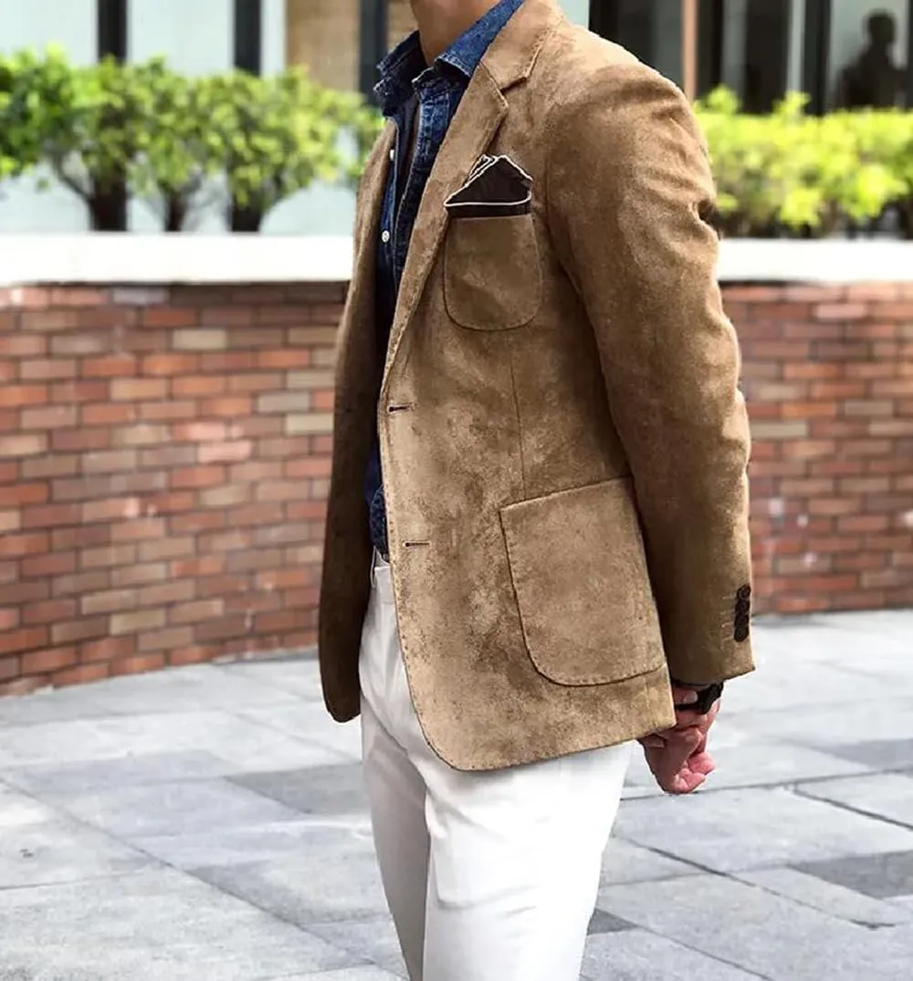 Mens Blazer Suede Jacket Casual 2 Buttons Sport Coat Faux Leather Suit Slim Fit