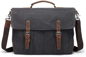 Mens Briefcases Messenger Bag Vintage Leather Waxed Canvas Waterproof Shoulder Bag for 15.6 Inch Laptop Bag Extra Large Capacity Attache Case Dark Grey