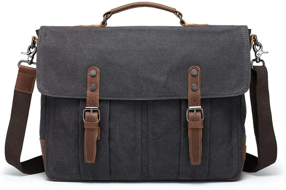 Mens Briefcases Messenger Bag Vintage Leather Waxed Canvas Waterproof Shoulder Bag for 15.6 Inch Laptop Bag Extra Large Capacity Attache Case Dark Grey