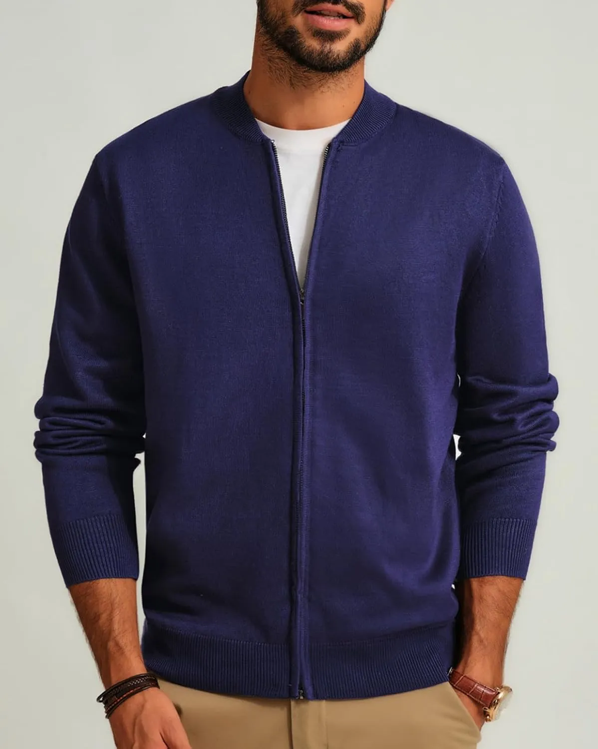Men's Casual Full Zip Cardigan Sweater Slim Fit Stand Collar Sweater Jacket
