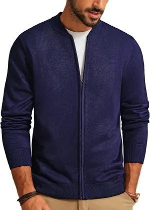 Men's Casual Full Zip Cardigan Sweater Slim Fit Stand Collar Sweater Jacket