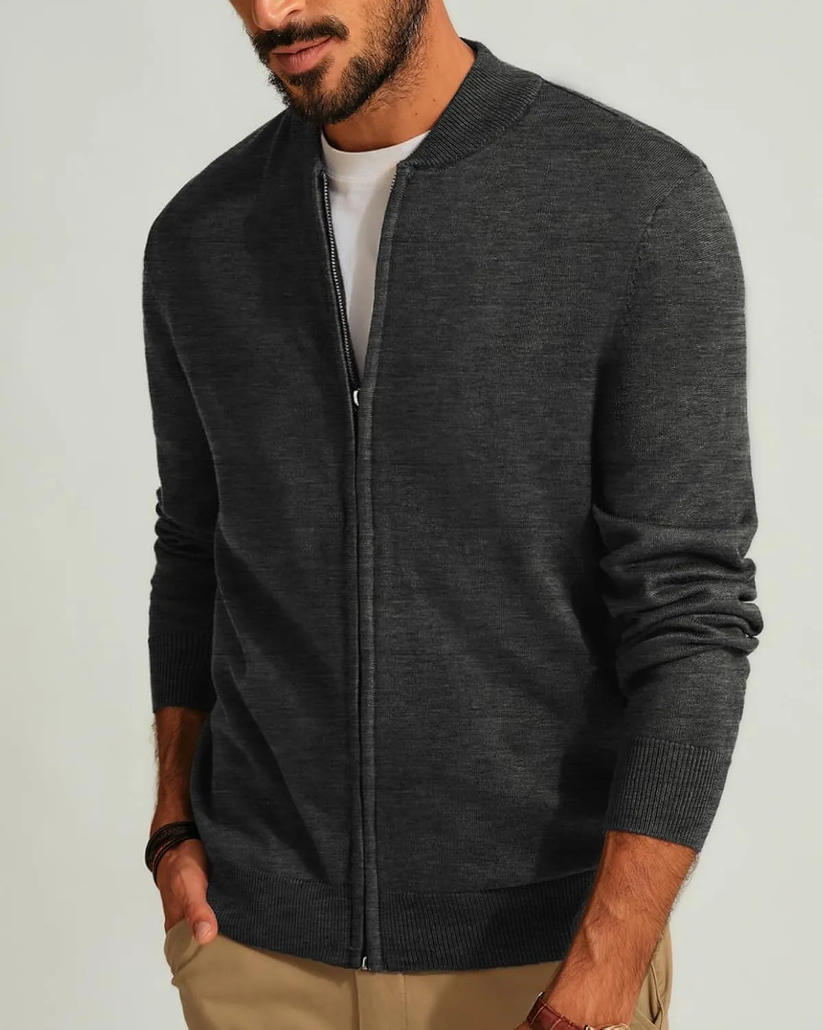 Men's Casual Full Zip Cardigan Sweater Slim Fit Stand Collar Sweater Jacket
