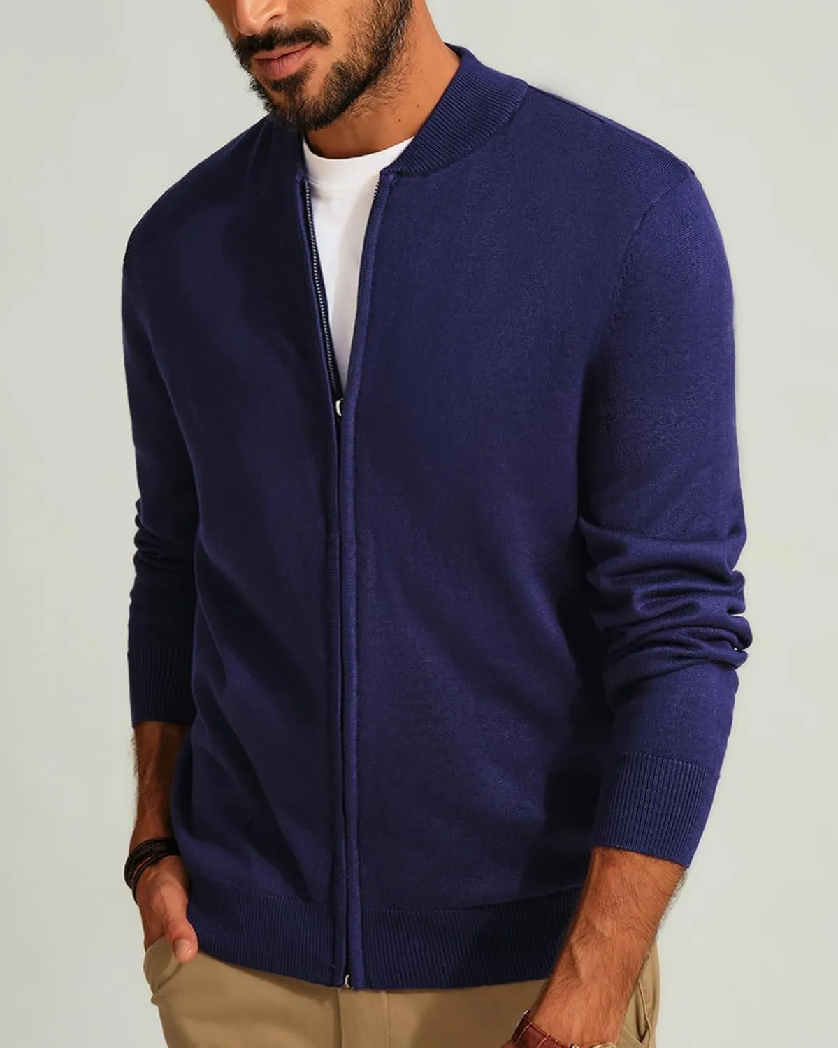 Men's Casual Full Zip Cardigan Sweater Slim Fit Stand Collar Sweater Jacket