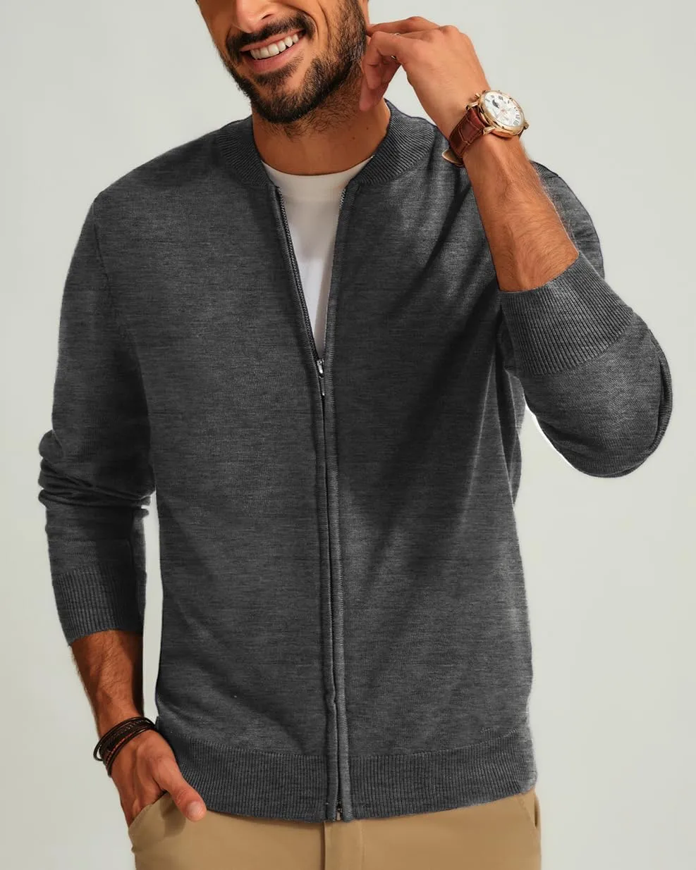 Men's Casual Full Zip Cardigan Sweater Slim Fit Stand Collar Sweater Jacket