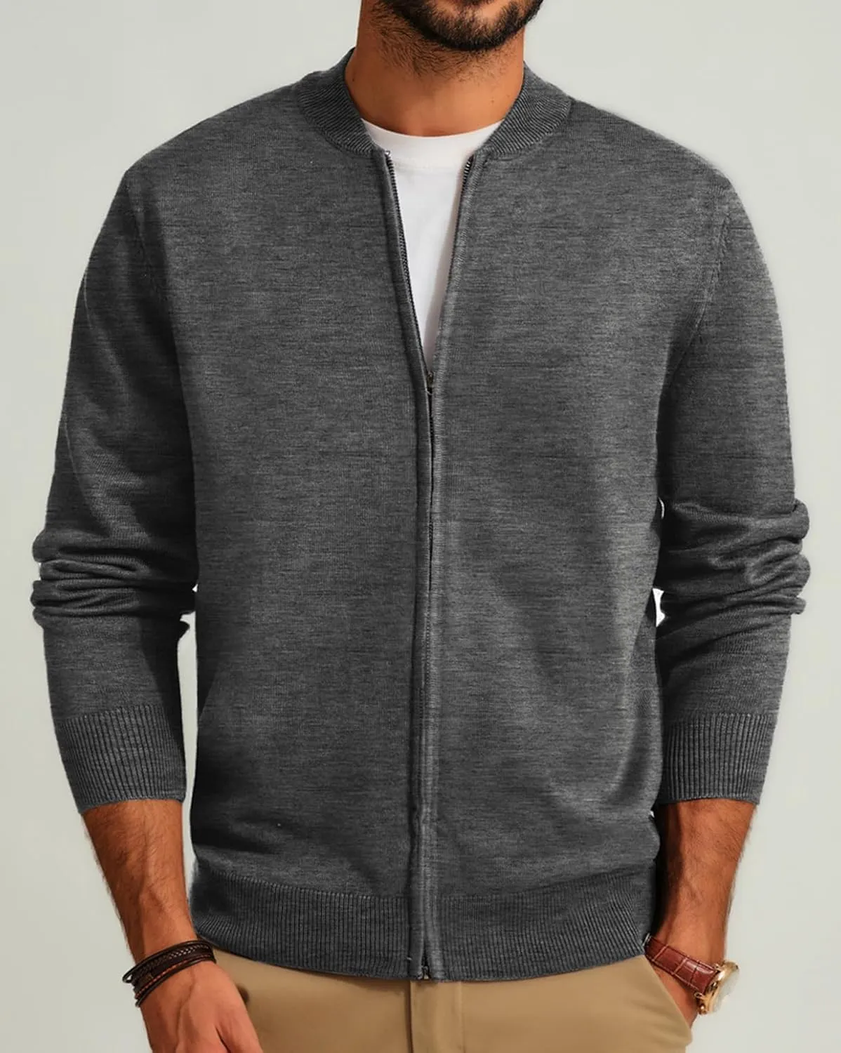 Men's Casual Full Zip Cardigan Sweater Slim Fit Stand Collar Sweater Jacket