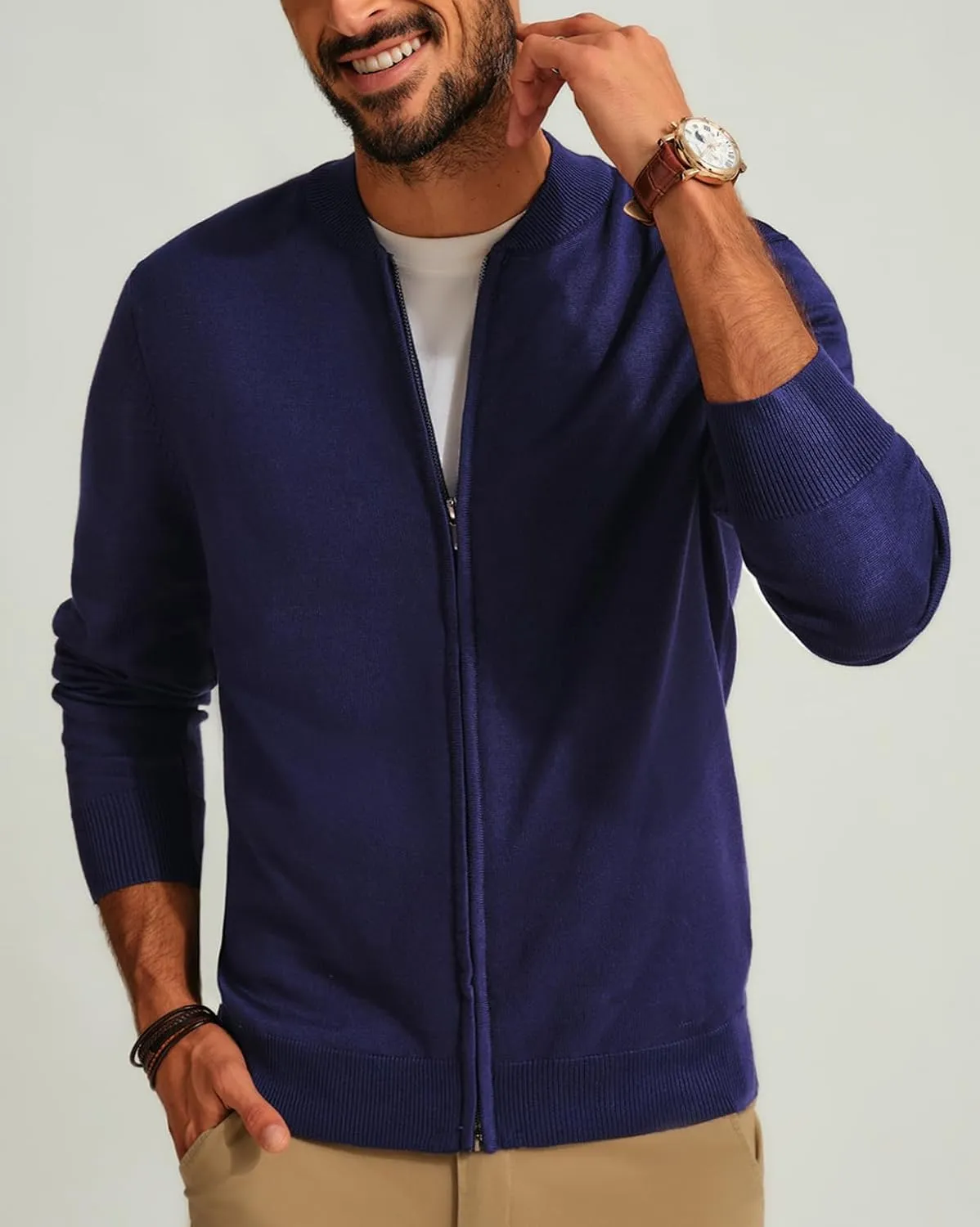 Men's Casual Full Zip Cardigan Sweater Slim Fit Stand Collar Sweater Jacket