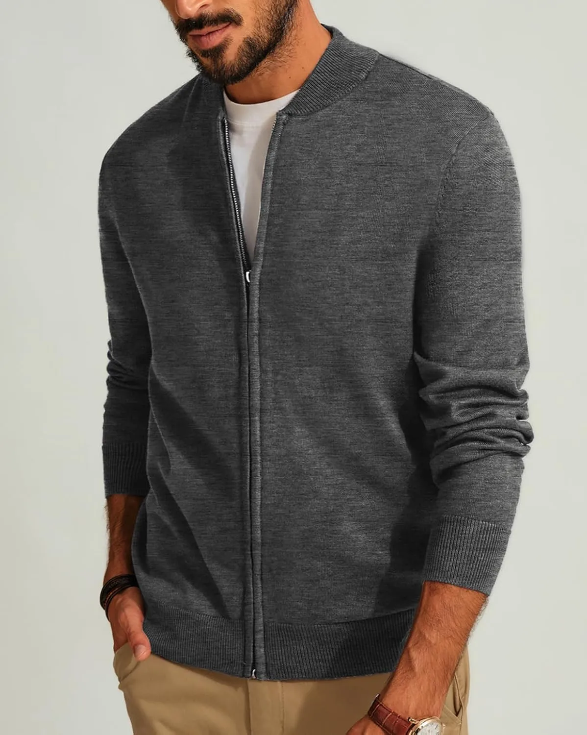 Men's Casual Full Zip Cardigan Sweater Slim Fit Stand Collar Sweater Jacket