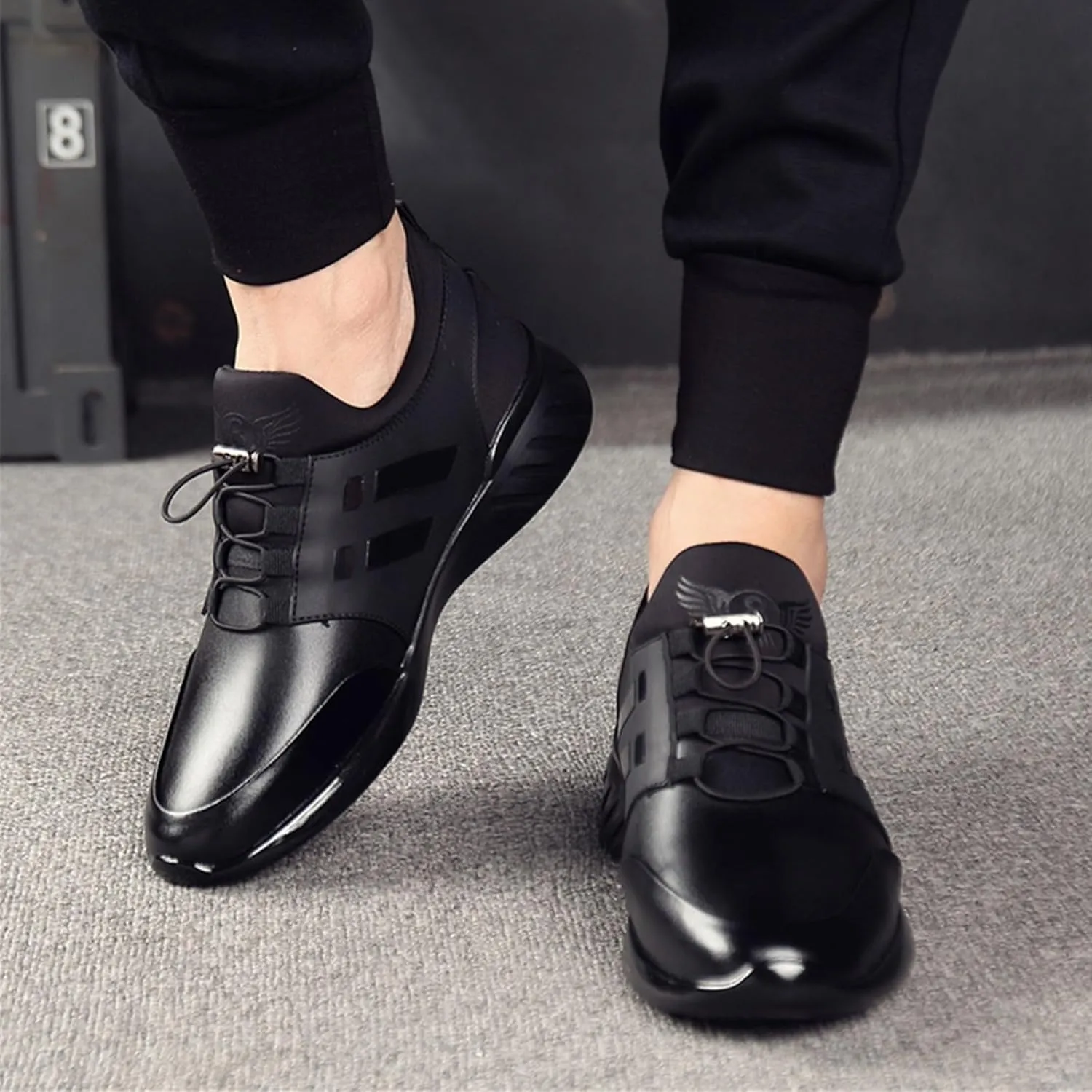 Mens Casual Leather Shoes Slip on Fashion Comfortable Elevator Dress Sneakers Shoes for Men Black Business Walking Shoes