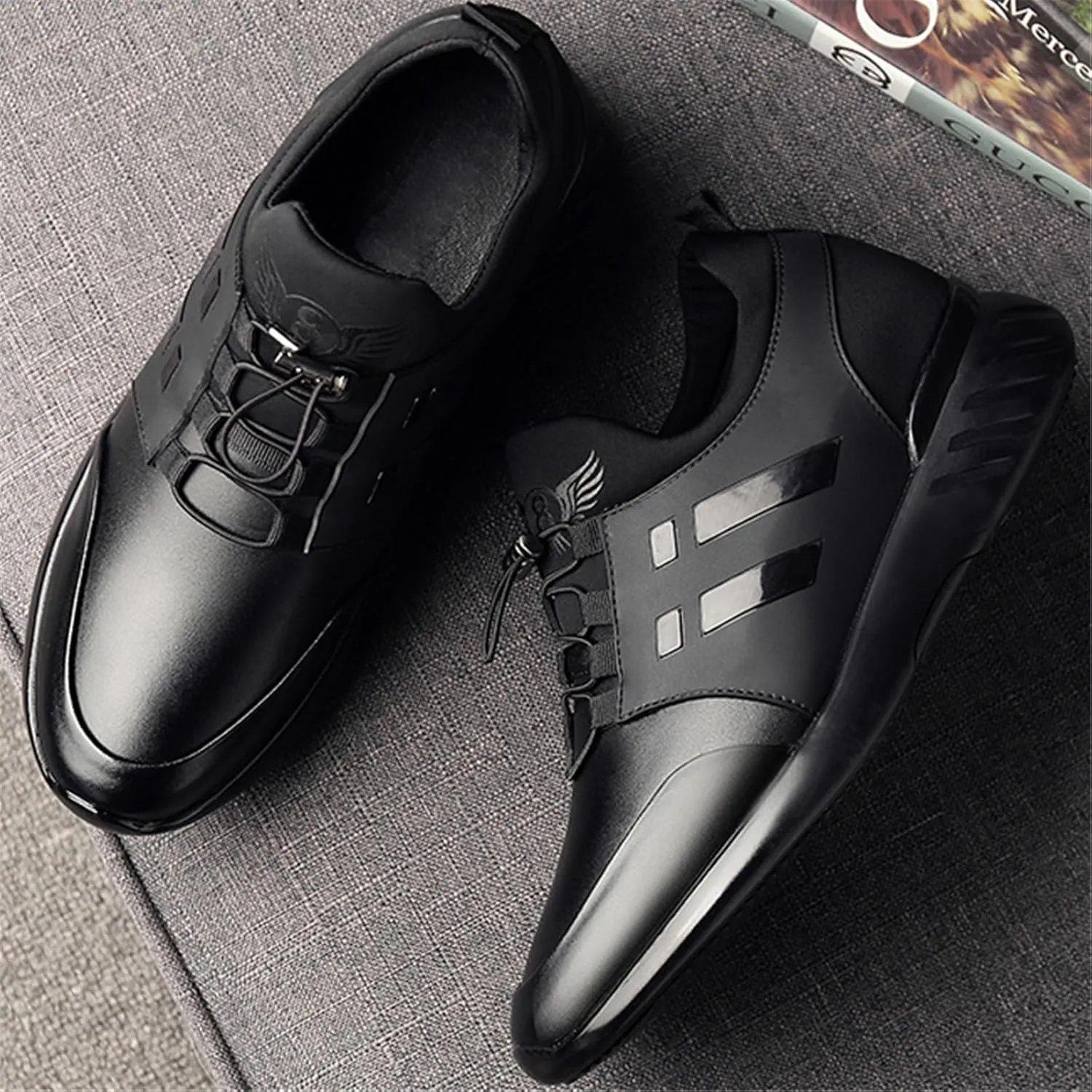 Mens Casual Leather Shoes Slip on Fashion Comfortable Elevator Dress Sneakers Shoes for Men Black Business Walking Shoes