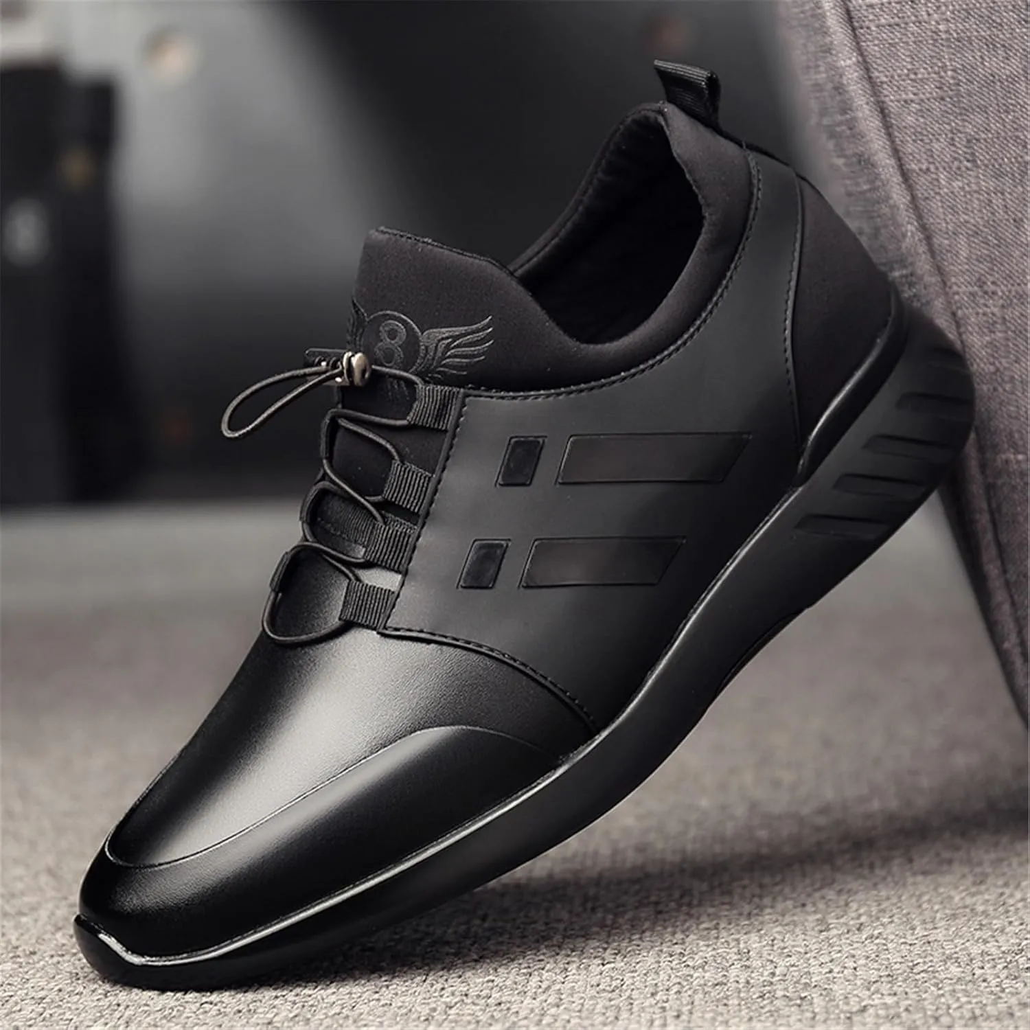 Mens Casual Leather Shoes Slip on Fashion Comfortable Elevator Dress Sneakers Shoes for Men Black Business Walking Shoes