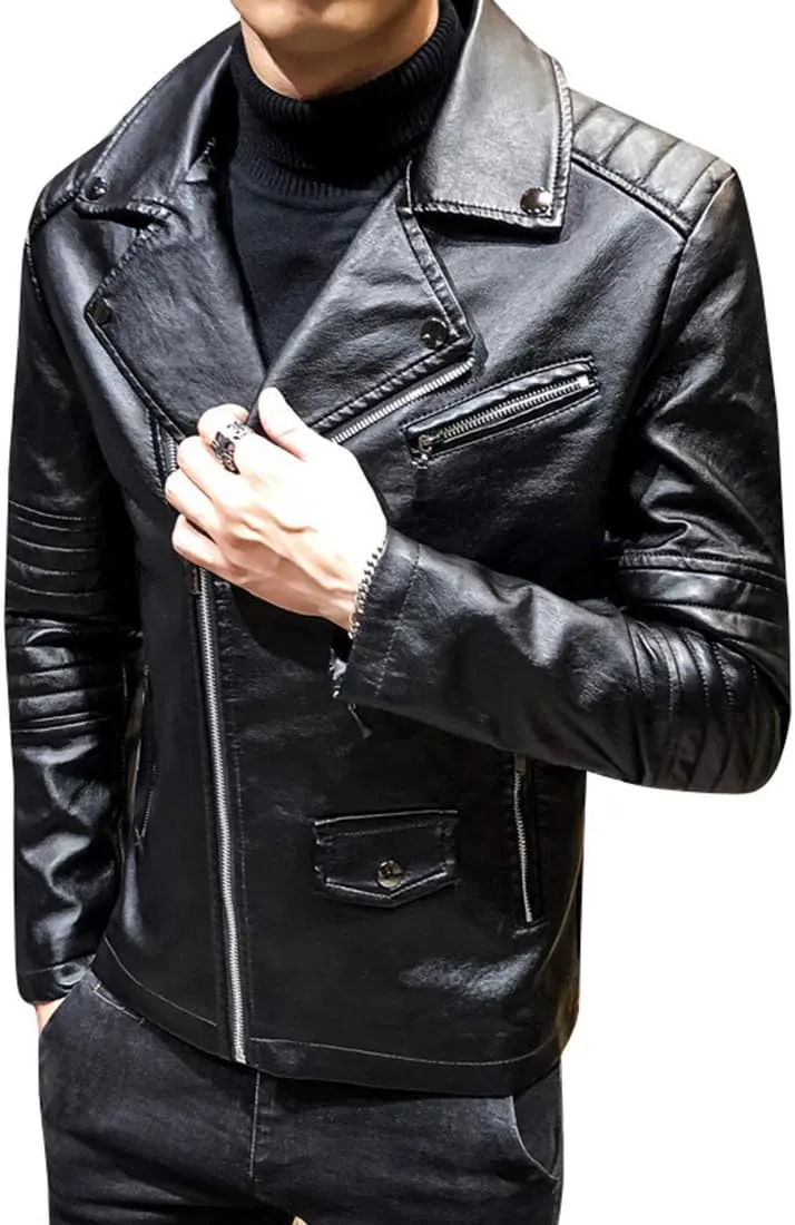 Men`s Casual Slim Fit Rider Trucker PU Faux Leather Jacket