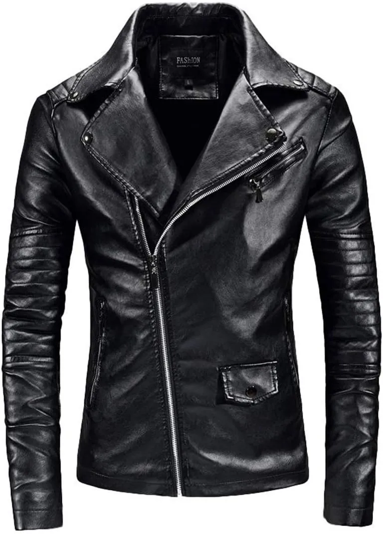 Men`s Casual Slim Fit Rider Trucker PU Faux Leather Jacket
