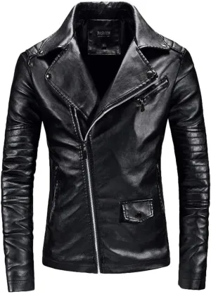 Men`s Casual Slim Fit Rider Trucker PU Faux Leather Jacket
