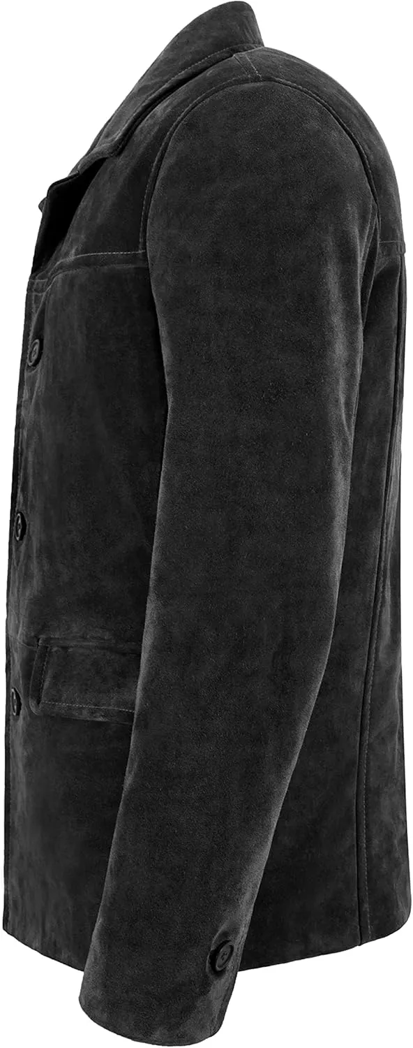 Men's Classic Collar Cow Suede Leather Box Button Fashion Coat Jacket 7742