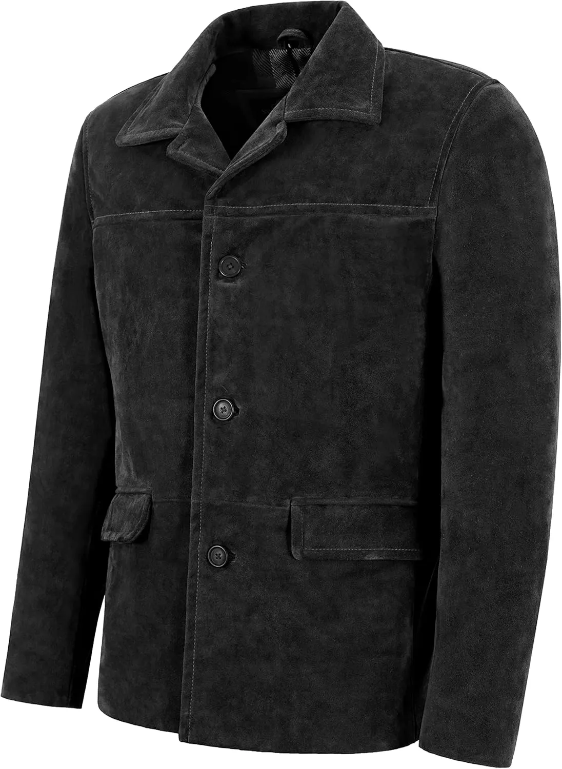 Men's Classic Collar Cow Suede Leather Box Button Fashion Coat Jacket 7742