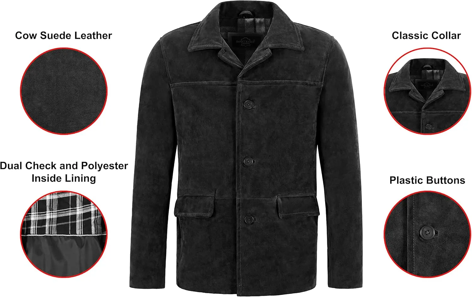 Men's Classic Collar Cow Suede Leather Box Button Fashion Coat Jacket 7742