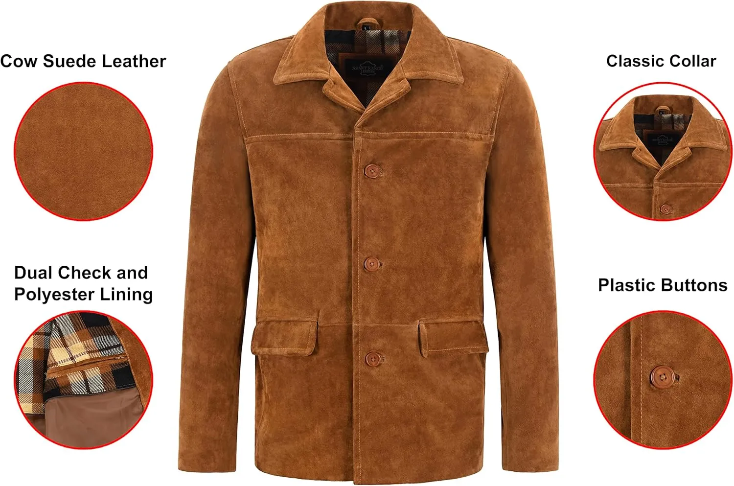 Men’s Classic Collar Real Tan Cow Suede Leather Box Button Fashion Coat Jacket 7742