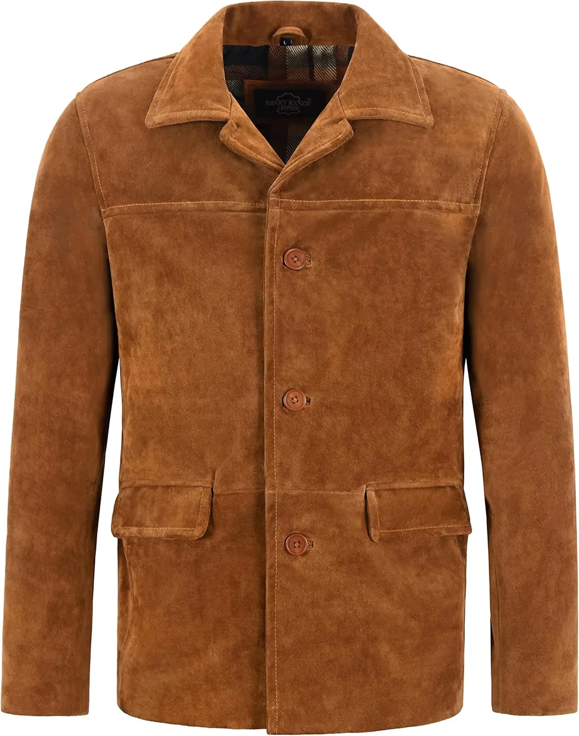 Men’s Classic Collar Real Tan Cow Suede Leather Box Button Fashion Coat Jacket 7742